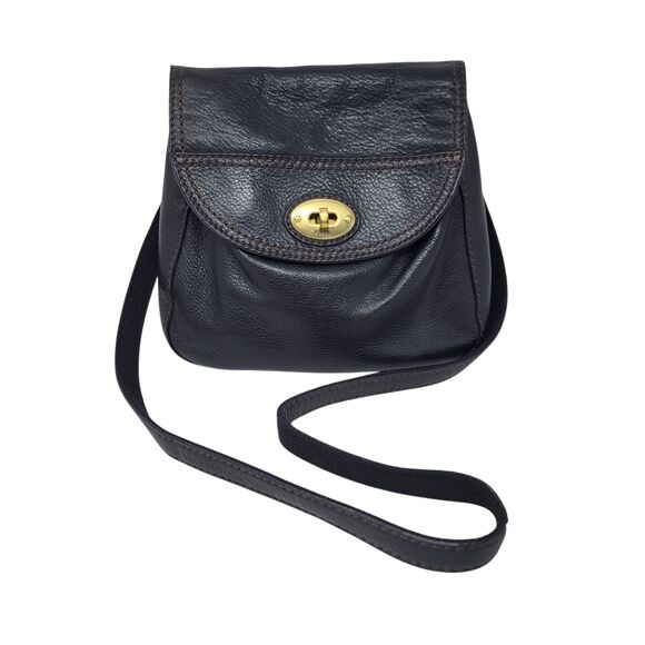 Fossil Vintage Black Leather Flap Crossbody Handbag with Brass Turn Lock - Picture 1 of 14